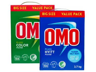 Vaskepulver fra OMO for hvitt og farget tøy.