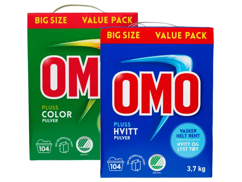 Vaskepulver fra OMO for hvitt og farget tøy.