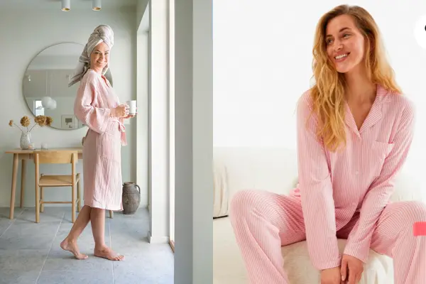 Dame står i rosa morgenkåpe og holder en kaffekopp, dame i rosa pysj