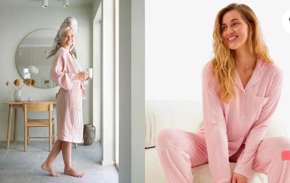 Dame står i rosa morgenkåpe og holder en kaffekopp, dame i rosa pysj