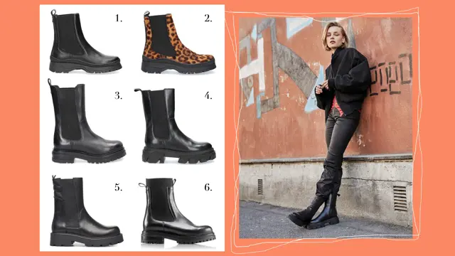 Kollasj av seks produktbilder av fem høye skinnboots og ett par i leopardmønster