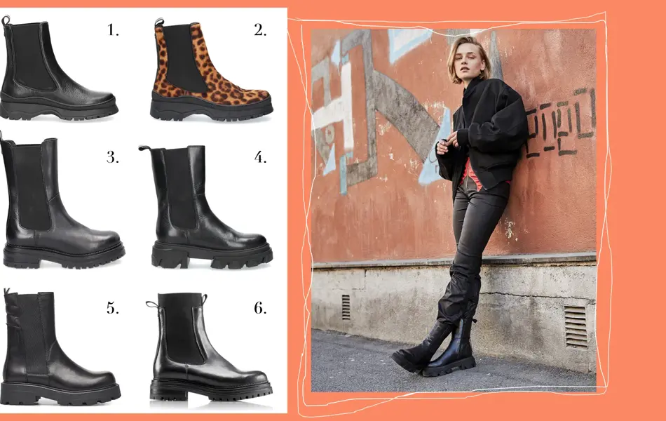 Kollasj av seks produktbilder av fem høye skinnboots og ett par i leopardmønster