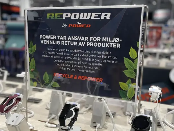 Plakat fra Power om miljøvennlig retur av produkter i butikken
