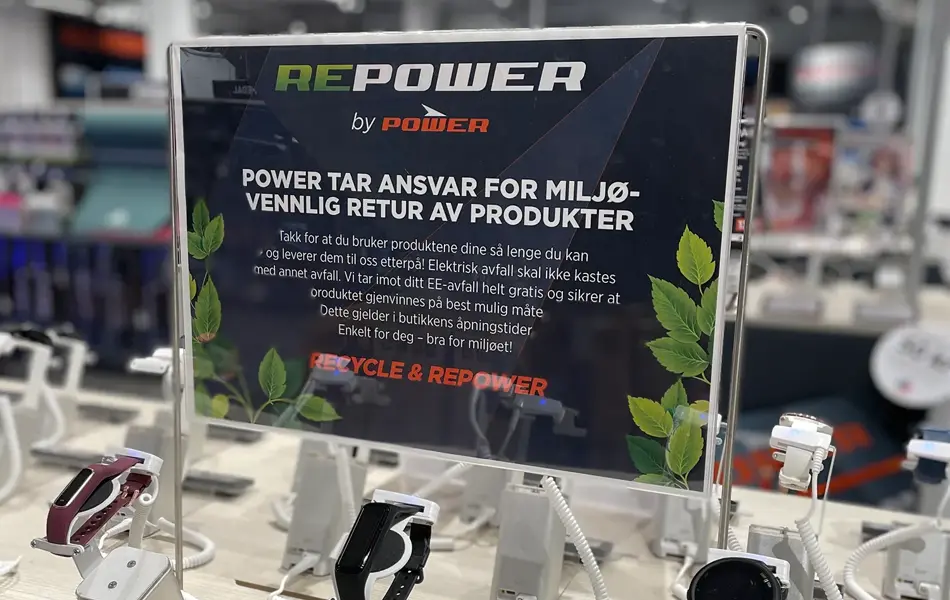 Plakat fra Power om miljøvennlig retur av produkter i butikken