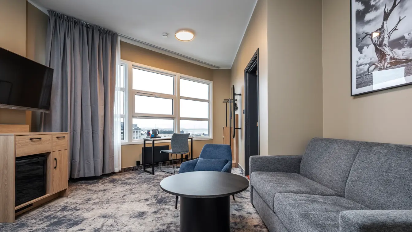 Junior suite med sovesofa, flatskjerm TV, kjøleskap, pult med stol ved vindu