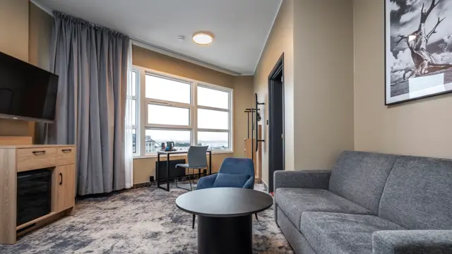 Junior suite med sovesofa, flatskjerm TV, kjøleskap, pult med stol ved vindu