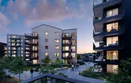 Illustrasjon Skårerløkka PREMIUM, kveld mellom husene og lys i vinduenene