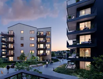 Illustrasjon Skårerløkka PREMIUM, kveld mellom husene og lys i vinduenene