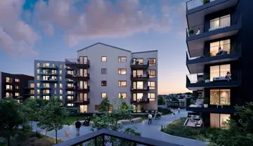 Illustrasjon Skårerløkka PREMIUM, kveld mellom husene og lys i vinduenene