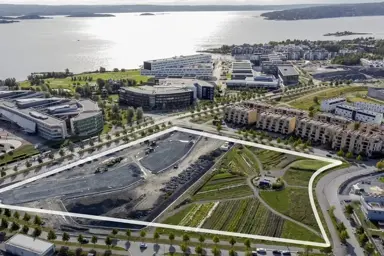 Flyfoto som viser boligprosjektet Flytårnet felt 8.4 på Fornebu. Et samarbeidsprosjekt mellom OBOS og Thon Eiendom.