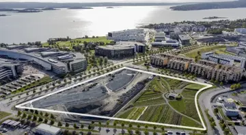 Flyfoto som viser boligprosjektet Flytårnet felt 8.4 på Fornebu. Et samarbeidsprosjekt mellom OBOS og Thon Eiendom.