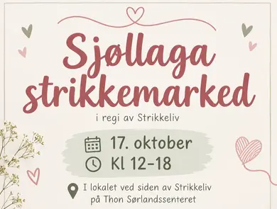 Beige bakgrunn med tekst "Sjøllaga strikkemarked"