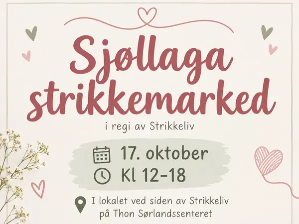 Beige bakgrunn med tekst "Sjøllaga strikkemarked"