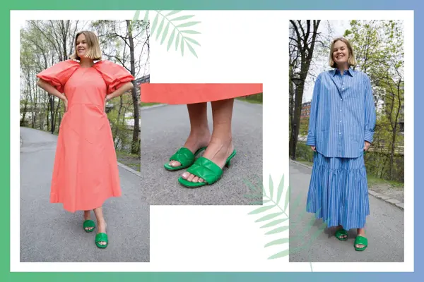 Dame med ferskenfarget kjole og grønne sandaler, føtter med grønne sandaler, dame med blå skjorte og skjørt og grønne sandaler.