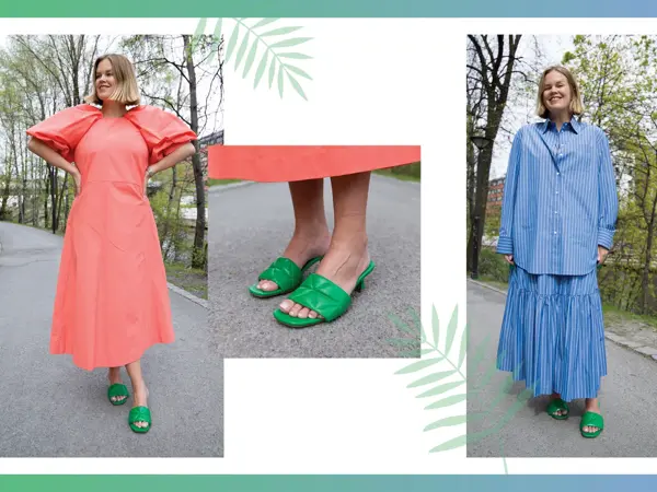 Dame med ferskenfarget kjole og grønne sandaler, føtter med grønne sandaler, dame med blå skjorte og skjørt og grønne sandaler.