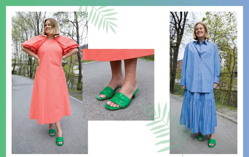 Dame med ferskenfarget kjole og grønne sandaler, føtter med grønne sandaler, dame med blå skjorte og skjørt og grønne sandaler.