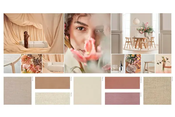 Kollasje fra Bolia av ulike interiør, farger og materialer i fersken og duse toner.
