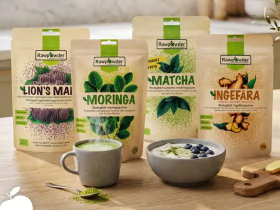 Utvalg av kosttilskudd og supermatpulver fra Rawpowder.