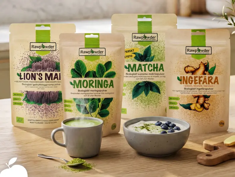 Utvalg av kosttilskudd og supermatpulver fra Rawpowder.