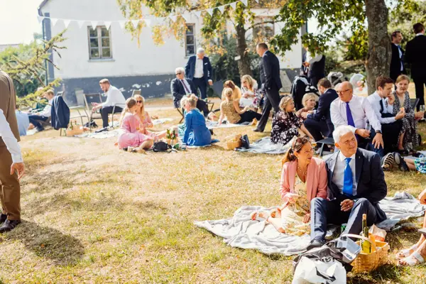 Sommerlig kledde bryllupsgjester har piknik