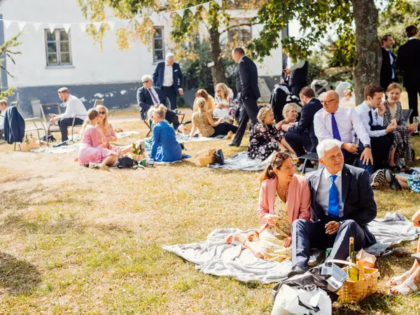 Sommerlig kledde bryllupsgjester har piknik