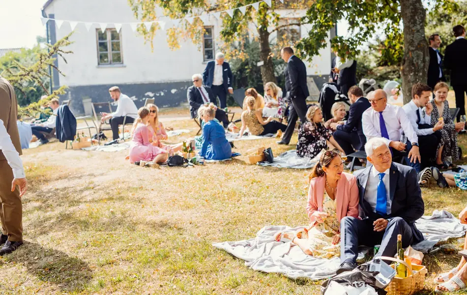 Sommerlig kledde bryllupsgjester har piknik