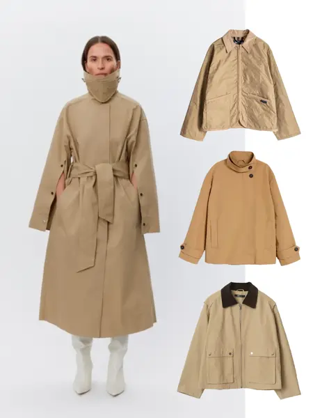 Damemodell i beige trenchcoat og hvite støvletter, beige kort quitet jakke, beige kort trenchjakke, beige kort cargo-jakke.