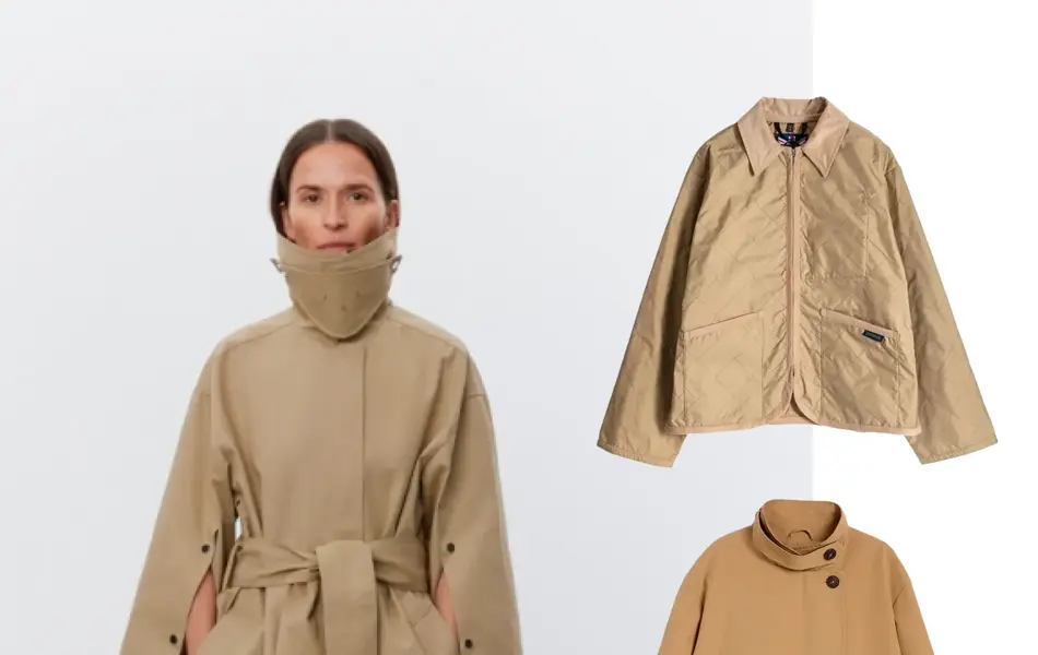 Damemodell i beige trenchcoat og hvite støvletter, beige kort quitet jakke, beige kort trenchjakke, beige kort cargo-jakke.