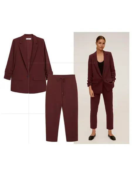 Burgunder blazer og dressbuker, produktbilde og dame i dress