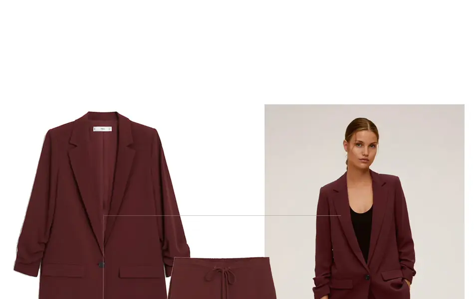 Burgunder blazer og dressbuker, produktbilde og dame i dress