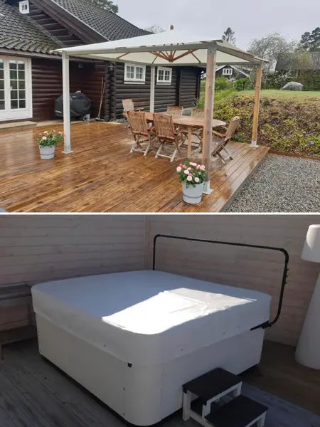 Pergola med skreddersydd presenning. Trekk over et utendørs boblebad