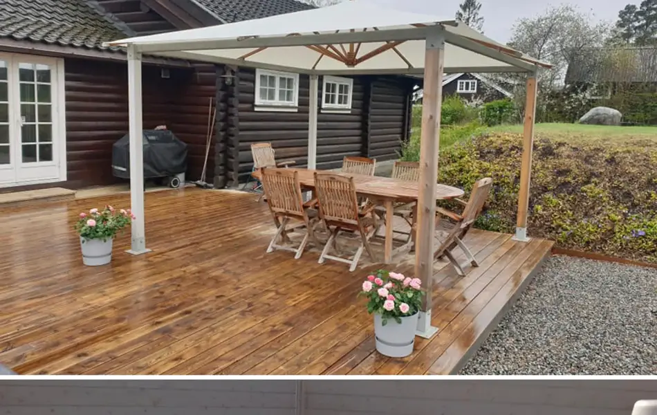 Pergola med skreddersydd presenning. Trekk over et utendørs boblebad