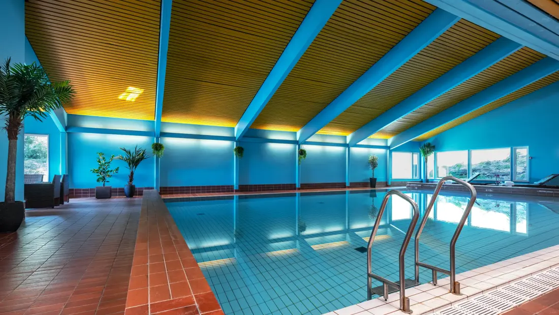 Svømmebasseng med stige, diverse planter rundt og noen sittegrupper