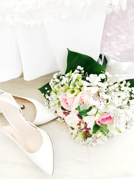 Wedding shoes and wedding bouquet