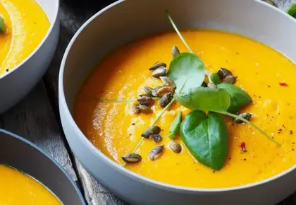 Nærbilde av skåler med gresskarsuppe pyntet med basilikum