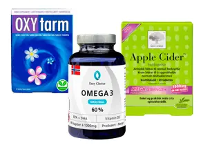 OxyTarm, Omega 3 og Apple Cider kosttilskudd.