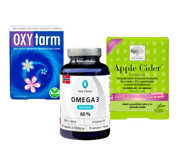 OxyTarm, Omega 3 og Apple Cider kosttilskudd.