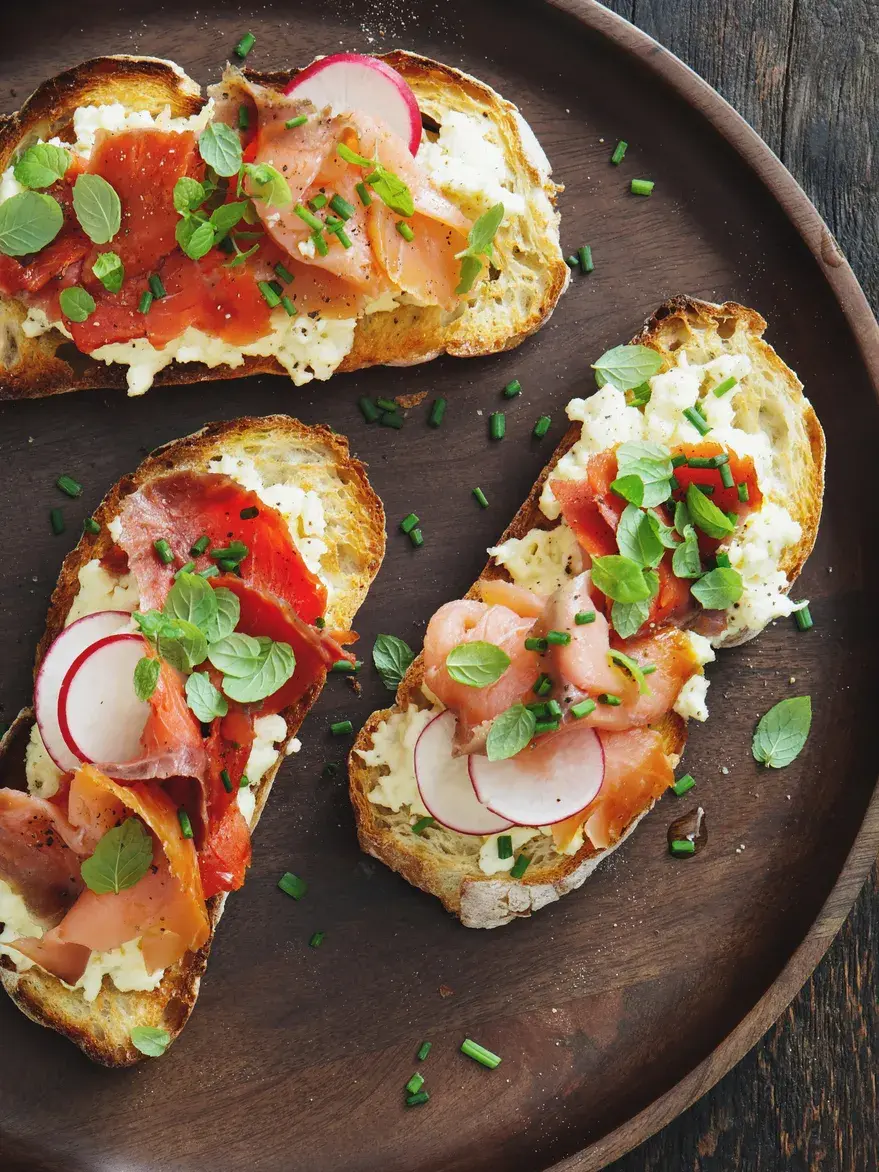 Tre skiver med bruschetta på en brun tretallerken