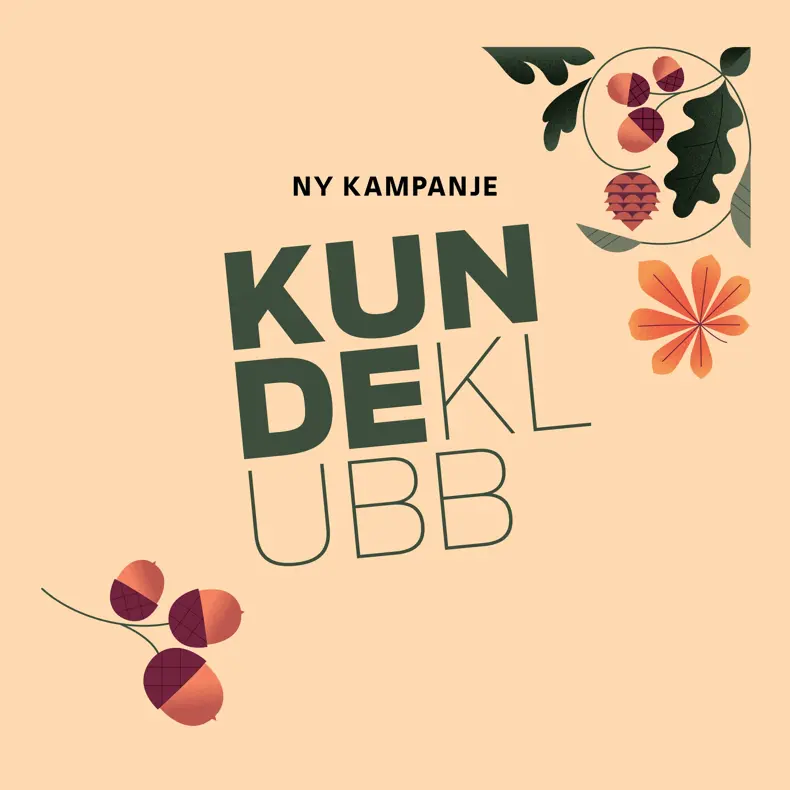 Høstblader og nøtter på beige bakgrunn med tekst "ny kampanje - kundeklubb"