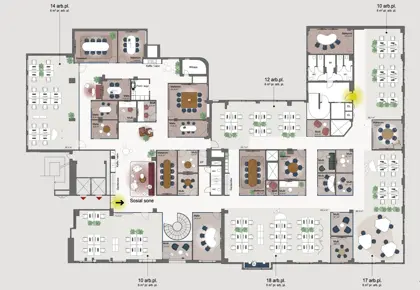 Illustrasjon av planløsning for kontorareal