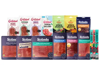 Utvalg av spekemat, pålegg og snacks fra Grilstad og Stranda.