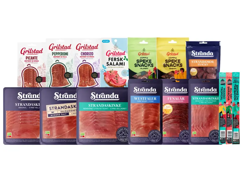 Utvalg av spekemat, pålegg og snacks fra Grilstad og Stranda.