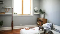 Et soverom med en lav seng som har en hund og en ukulele på seg