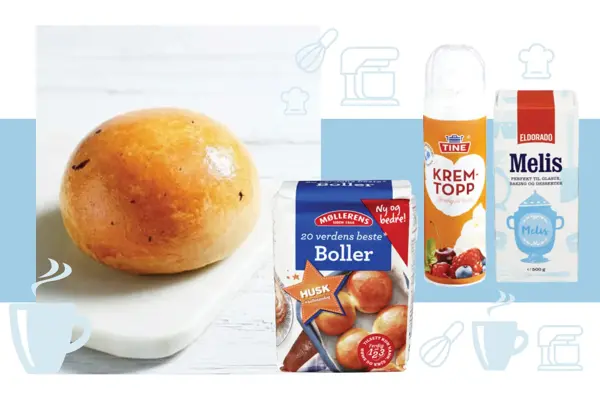 Hvetebolle, en pakke boller ubakte, melis og ferdig krem.