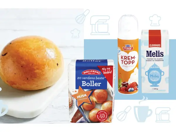 Hvetebolle, en pakke boller ubakte, melis og ferdig krem.