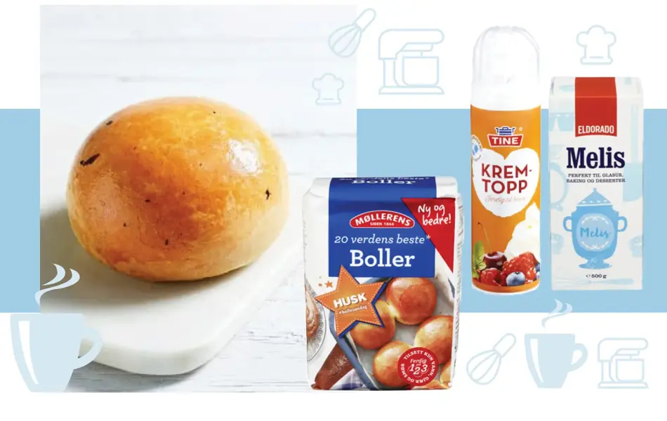 Hvetebolle, en pakke boller ubakte, melis og ferdig krem.