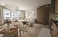 3D illustrasjon av boligprosjektet Skårerløkka PREMIUM på Lørenskog. På illustrasjonen vises en del av et kjøkken samt tilhørende kjøkkenbord- og stoler. Stuen i leiligheten skimtes i bakgrunnen.