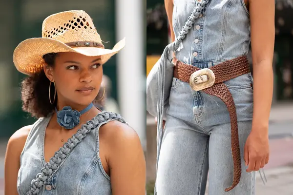 detaljbilde av cowboyhatt, choker og olatopp, brunt lærbilde jeans og jeansveske