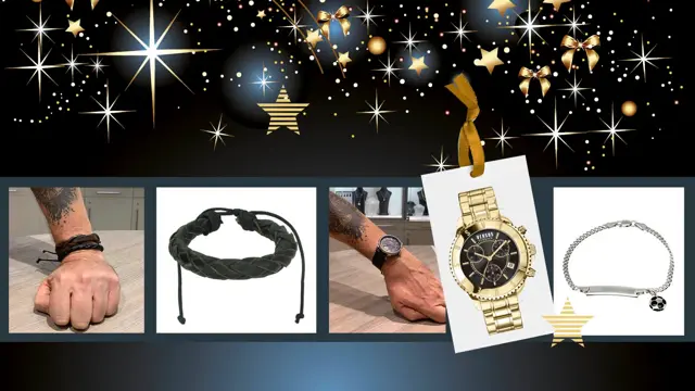 Kollasj av ansatt som viser frem smykker, og produktbilder på rosa bakgrunn