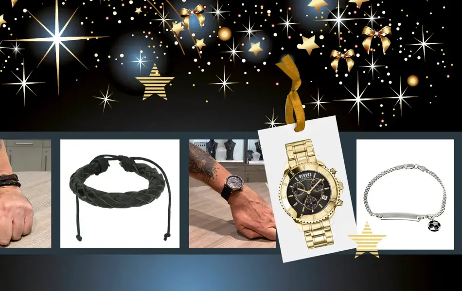 Kollasj av ansatt som viser frem smykker, og produktbilder på rosa bakgrunn